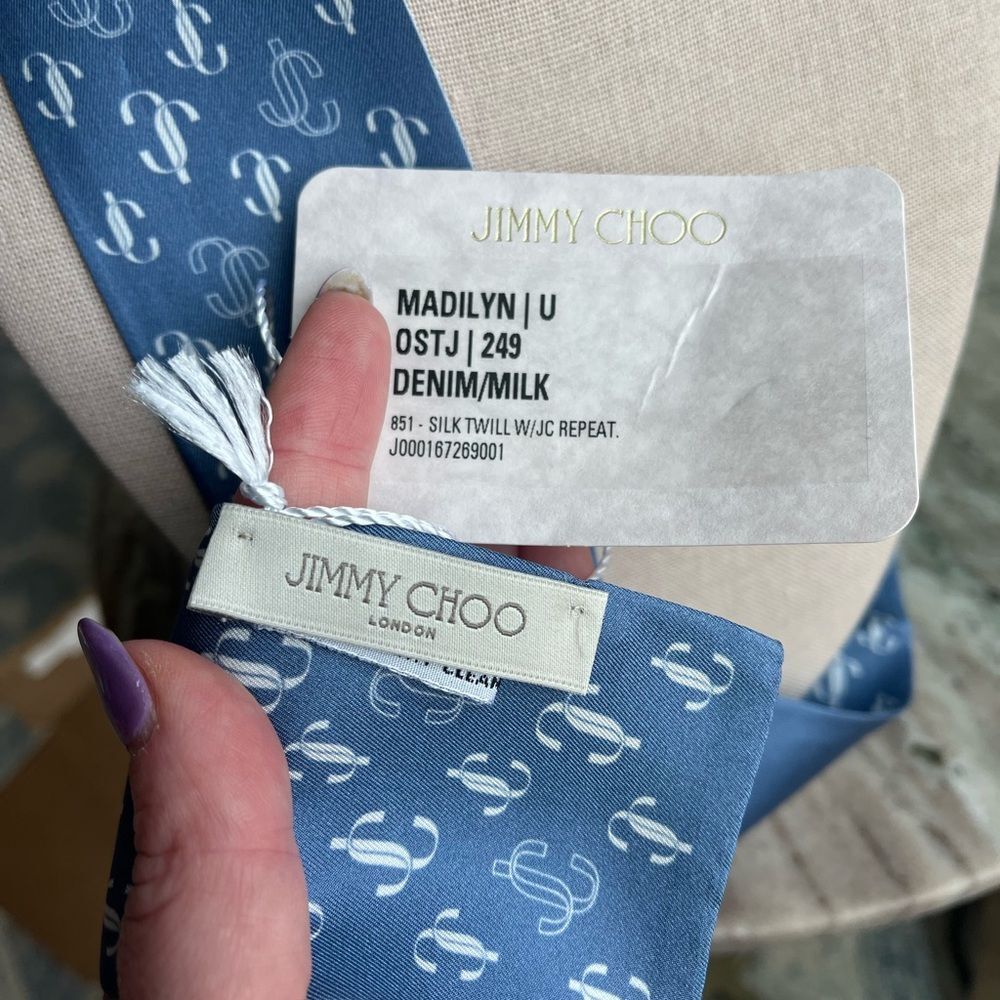 Jimmy Choo Blue & White Logo Twilly Scarf - Picture 3 of 6